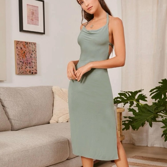 Pastel Green Open Back Slit Thigh Halter Dress - Picture 3 of 4